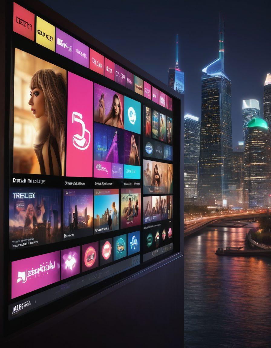 An artistic representation of the adult film industry with a sleek, modern streaming platform interface in the foreground, showcasing diverse genres on screens. Behind, a bustling city skyline signifies the growth of digital media, while symbols of challenges like lock icons and caution signs subtly blend in. A spotlight illuminates opportunities depicted as open doors inviting creative expression. vibrant colors. super-realistic. 3D.