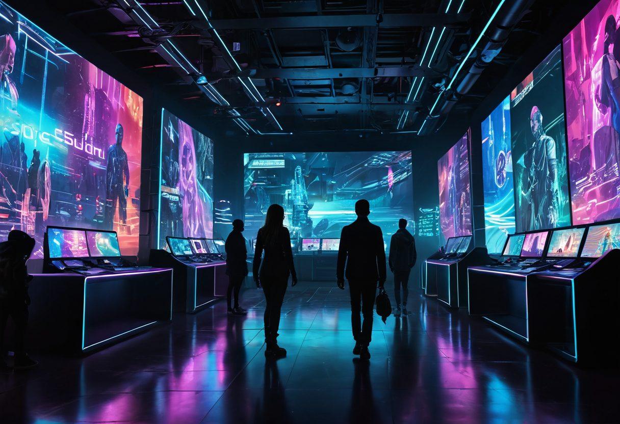 A futuristic digital landscape showcasing interactive adult media experiences, with holographic screens displaying diverse characters in various adult scenarios, surrounded by abstract technology elements and glowing data streams. Evoke a sense of transformation and evolution in adult entertainment. futuristic art. vibrant colors. cyberpunk style.